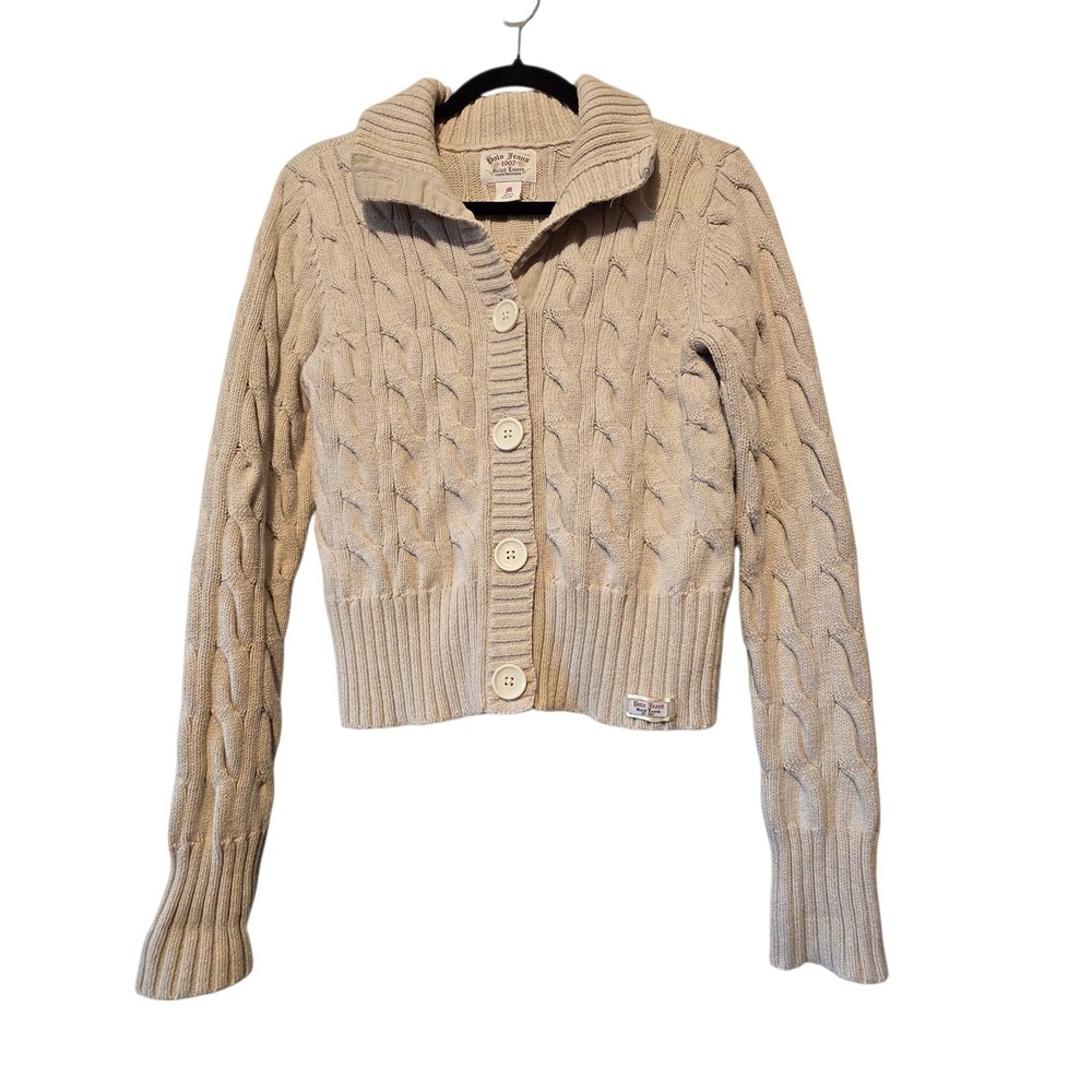 Vintage 90s Y2K Polo Jeans Co Cable Knit Sweater Cardigan Women's MED Beige